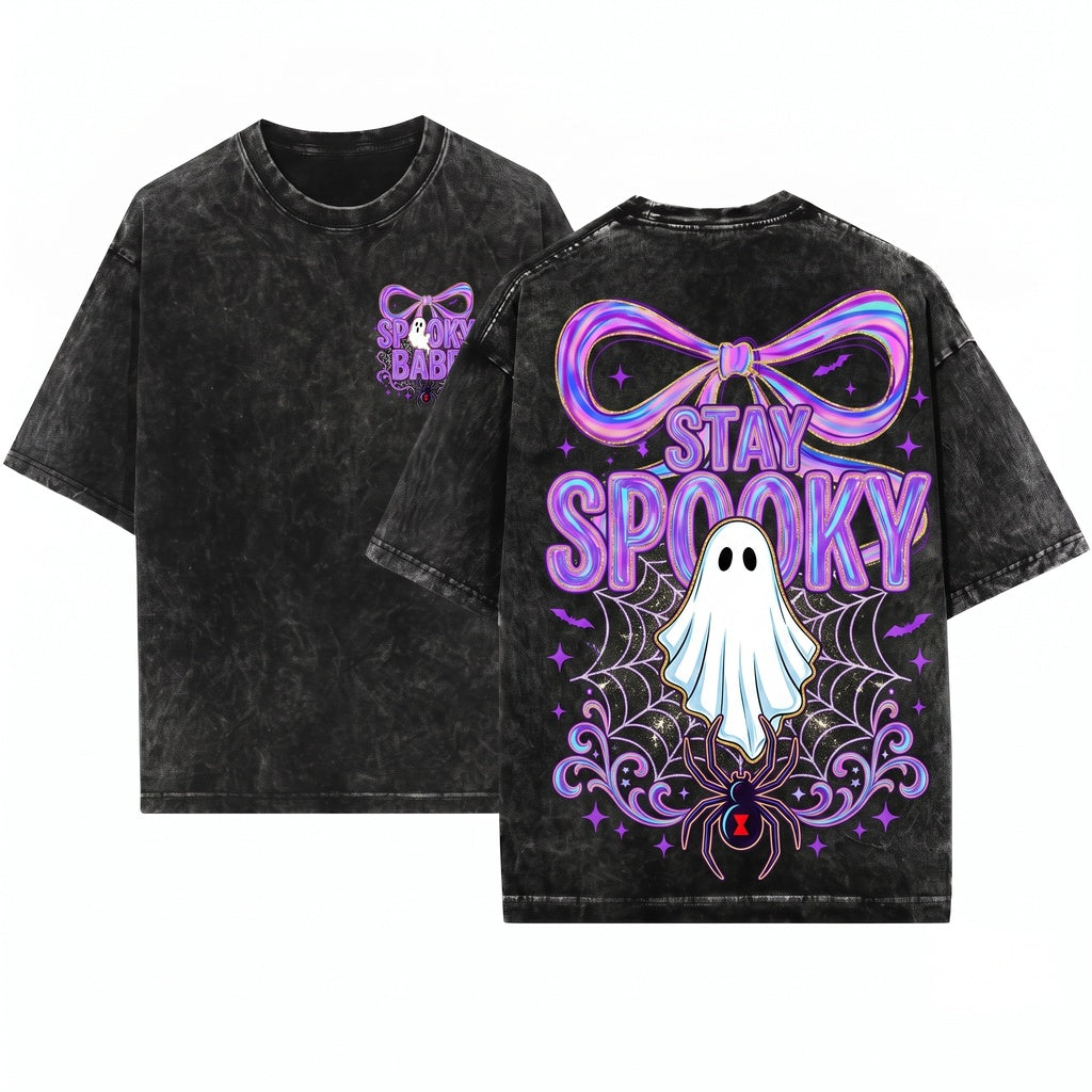 Cute Custom Name Neon Spooky Ghost Brushstroke Boo Bow Toddler Preppy Halloween Unisex Wash T-Shirt