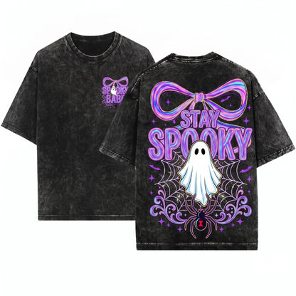 Cute Custom Name Neon Spooky Ghost Brushstroke Boo Bow Toddler Preppy Halloween Unisex Wash T-Shirt