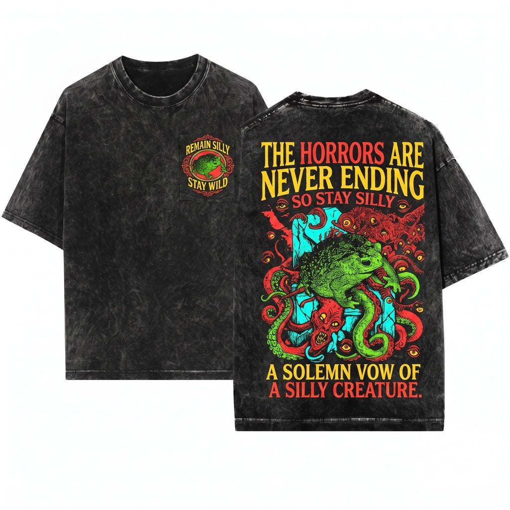 The Horrors Are Never Ending Frog Funny Vintage Graphic Crewneck Unisex Wash T-Shirt