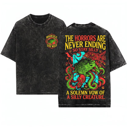 The Horrors Are Never Ending Frog Funny Vintage Graphic Crewneck Unisex Wash T-Shirt