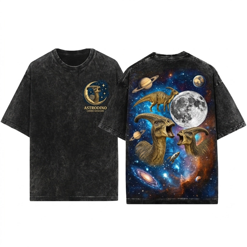 Three Parasaurolophus Moon Dinosaur Galaxy Vintage Retro Prehistoric Nature Graphic Unisex Wash T-Shirt