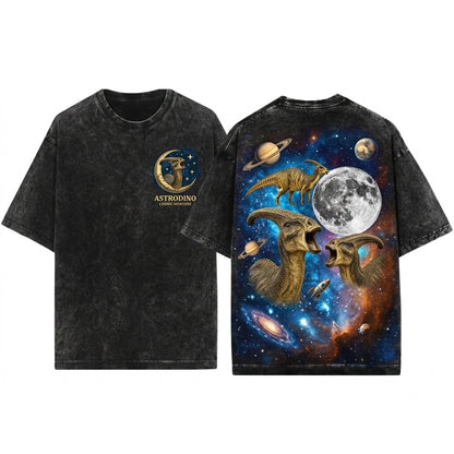 Three Parasaurolophus Moon Dinosaur Galaxy Vintage Retro Prehistoric Nature Graphic Unisex Wash T-Shirt
