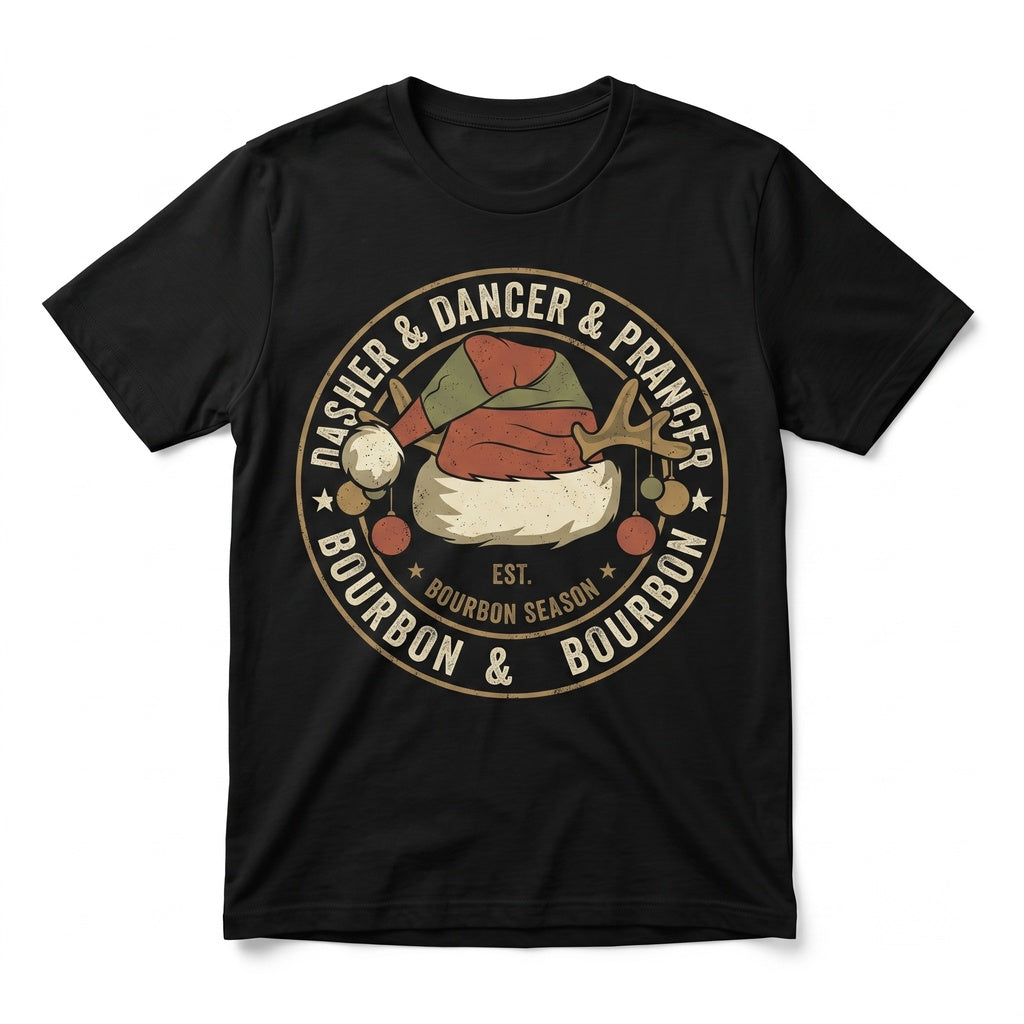 Dasher Dancer Prancer Bourbon Christmas Reindeer Drinking Graphic Top, Funny Xmas Holiday Party Humor Apparel Unisex TShirt