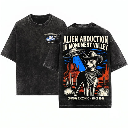 UFO Cowboy Basenji Dog Alien Vintage Space Cowdog Funny Western Mom Dad Gift Unisex Wash T-Shirt