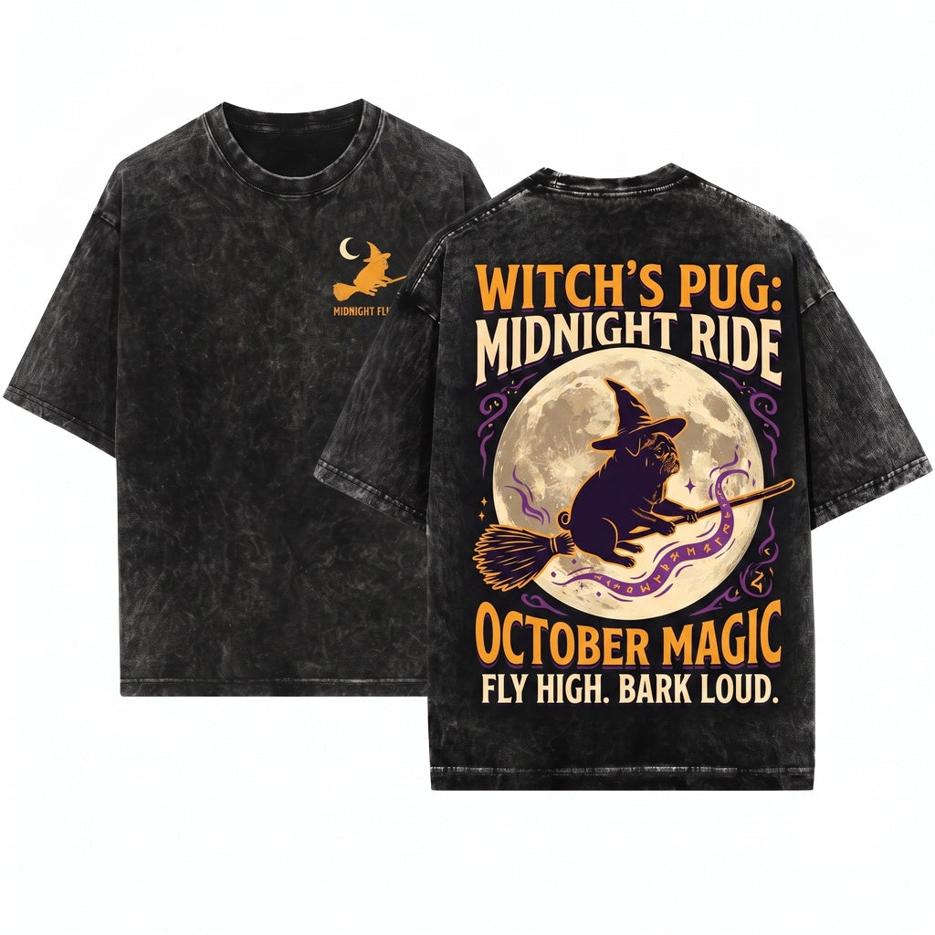 Halloween Spooky Pug Dog Flying Broomstick Wizard Hat Moon Trick Or Treat Mom Dad Gift Unisex Wash T-Shirt