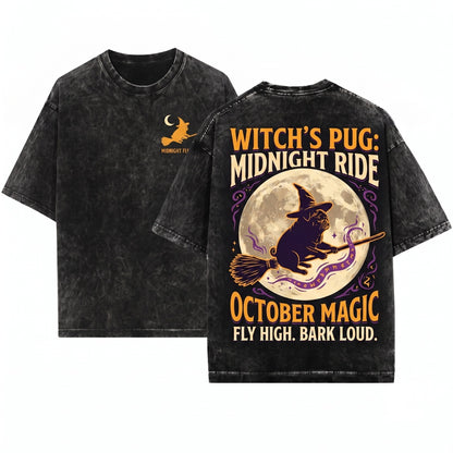 Halloween Spooky Pug Dog Flying Broomstick Wizard Hat Moon Trick Or Treat Mom Dad Gift Unisex Wash T-Shirt