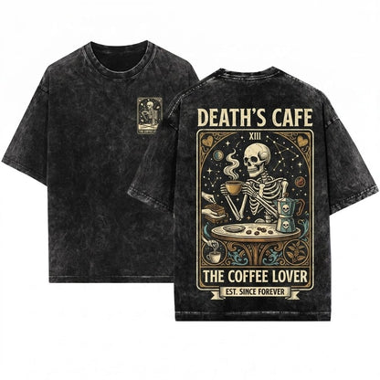 Coffee Lover Tarot Skeleton Occult Graphic Aesthetic Unisex Wash T-Shirt
