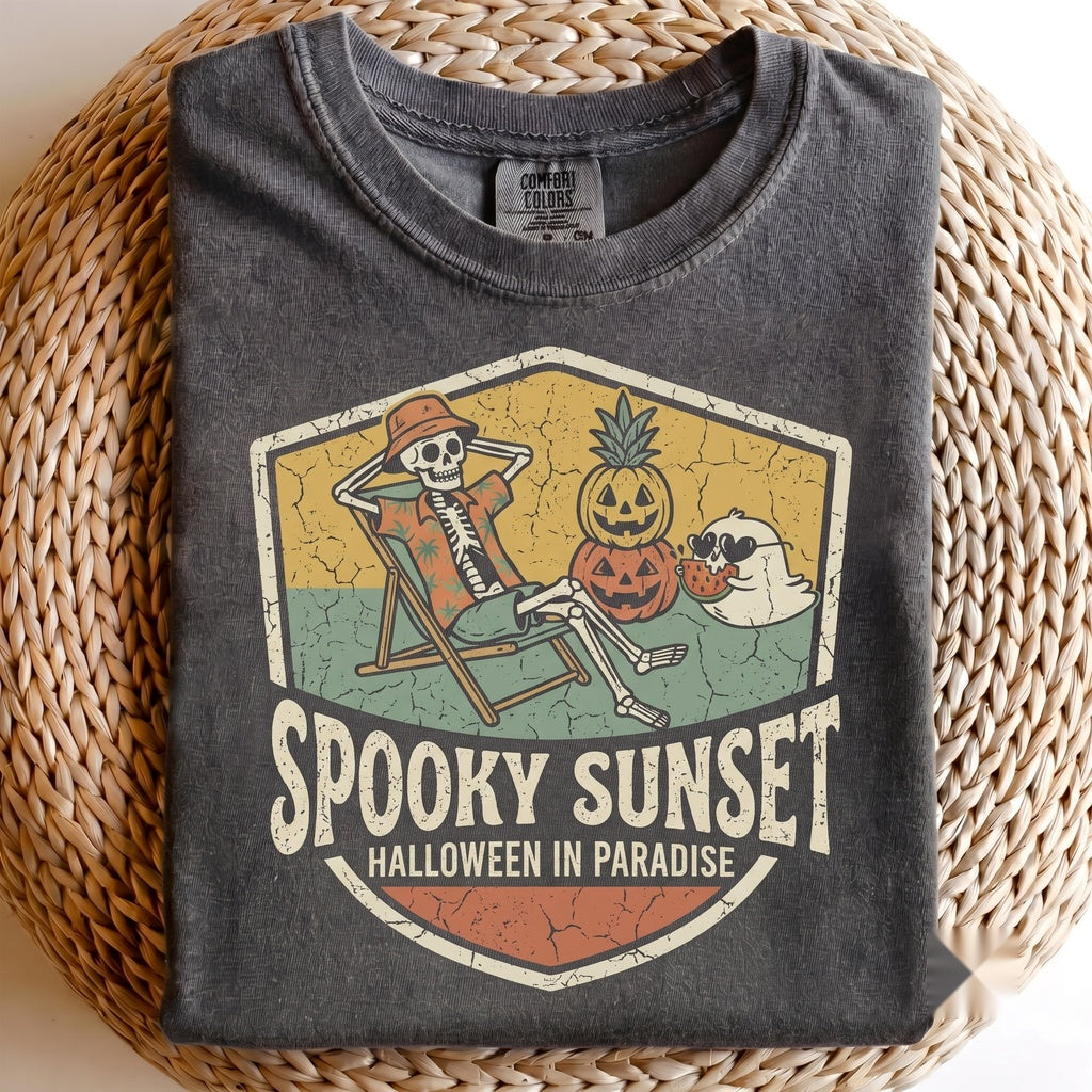 Spooky Sunset Halloween Vacation Skeleton Unicorn Float Ghost Watermelon Black Cat Flamingo Unisex TShirt