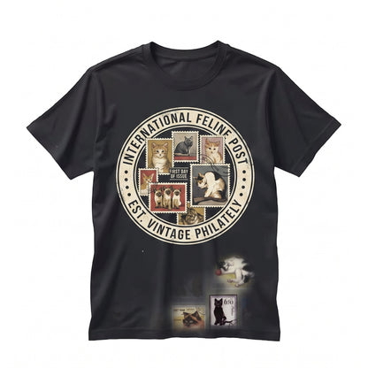 Vintage Cat Postage Stamp Graphic Yellow Feline Postal Art Cover Unisex TShirt