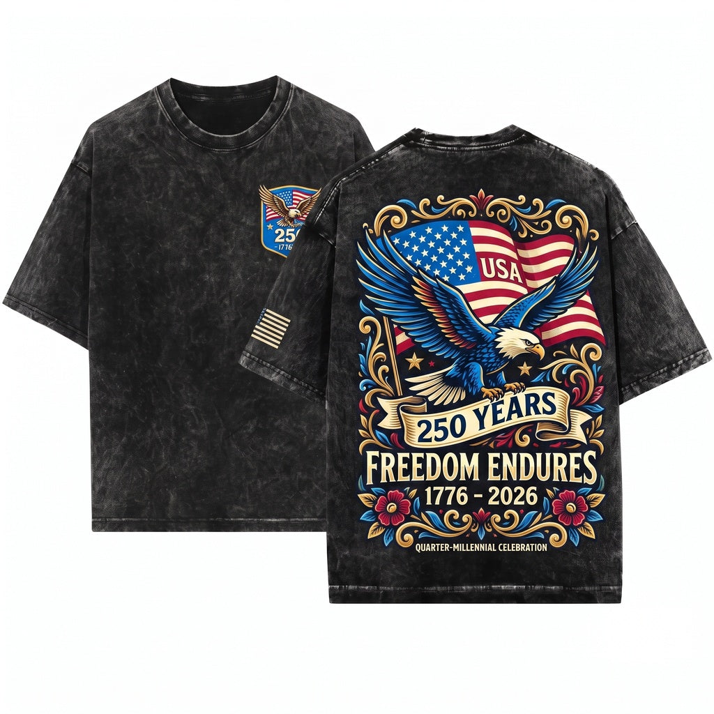 Patriotic 250 Years USA Floral Eagle 4th of July America Unisex Wash T-Shirt