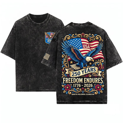 Patriotic 250 Years USA Floral Eagle 4th of July America Unisex Wash T-Shirt