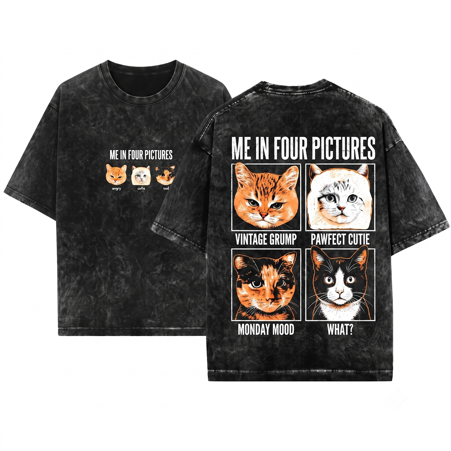 Me in Three Pictures Cat Funny Mood Graphic Tee - Emotional Meme Kitten Mom Dad Gift - Unisex Heavyweight Garment-Dyed T-Shirt