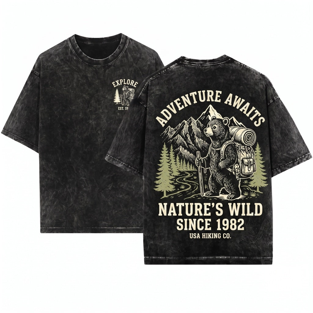 Vintage Hiking Bear Graphic Woodland Adventure Camping Nature Lover Outdoor Wildlife Gift Unisex Wash T-Shirt