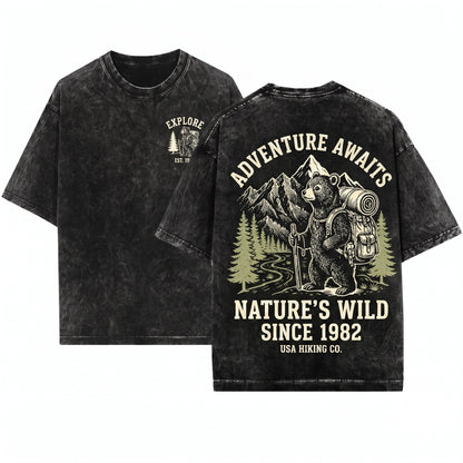 Vintage Hiking Bear Graphic Woodland Adventure Camping Nature Lover Outdoor Wildlife Gift Unisex Wash T-Shirt