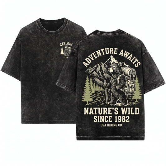 Vintage Hiking Bear Graphic Woodland Adventure Camping Nature Lover Outdoor Wildlife Gift Unisex Wash T-Shirt