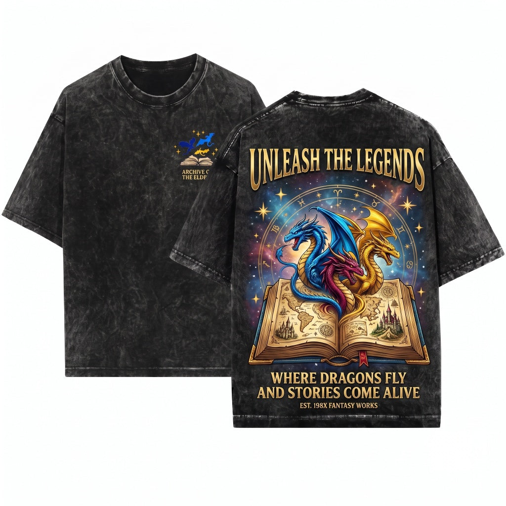 Embroidered Fantasy Dragons And Book Pages Unisex Wash T-Shirt