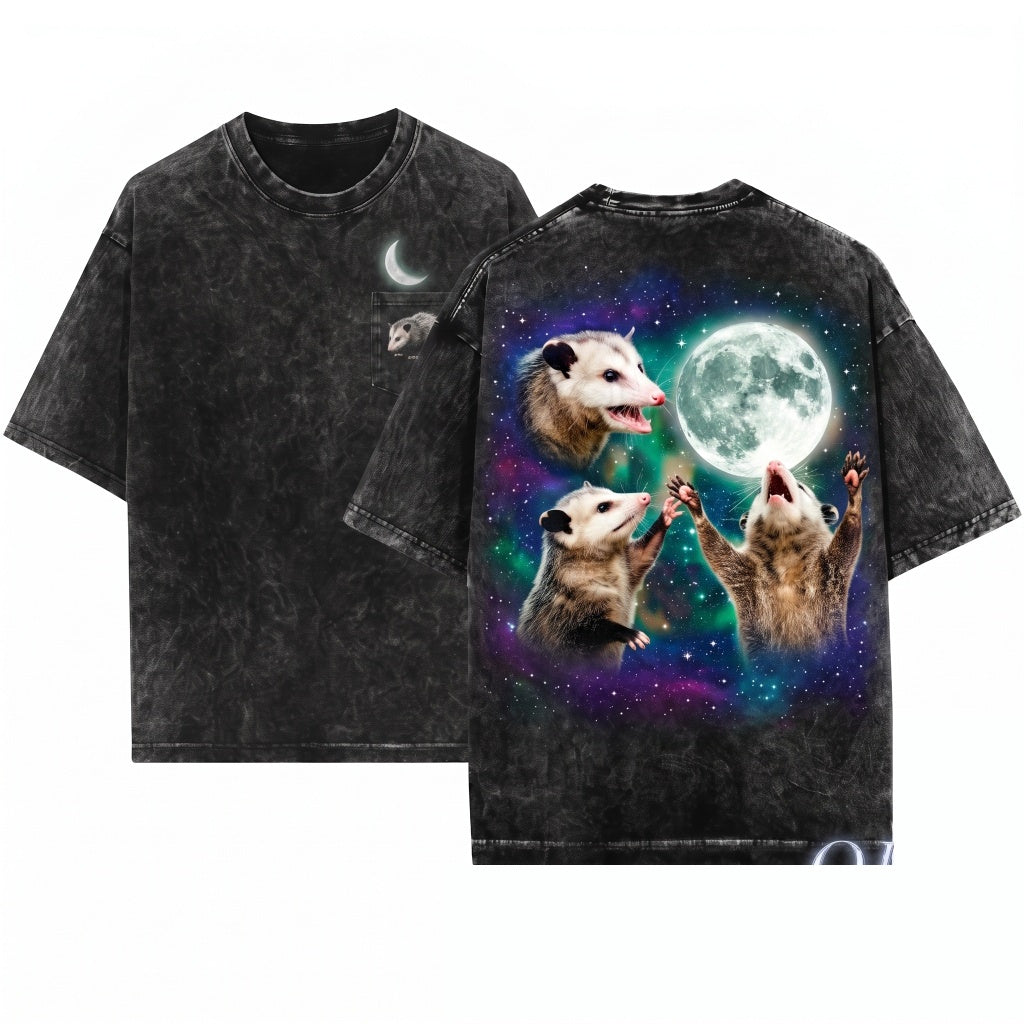 Opossum Howling Moon 90s Retro Graphic Silly Novelty Gift Unisex Wash T-Shirt