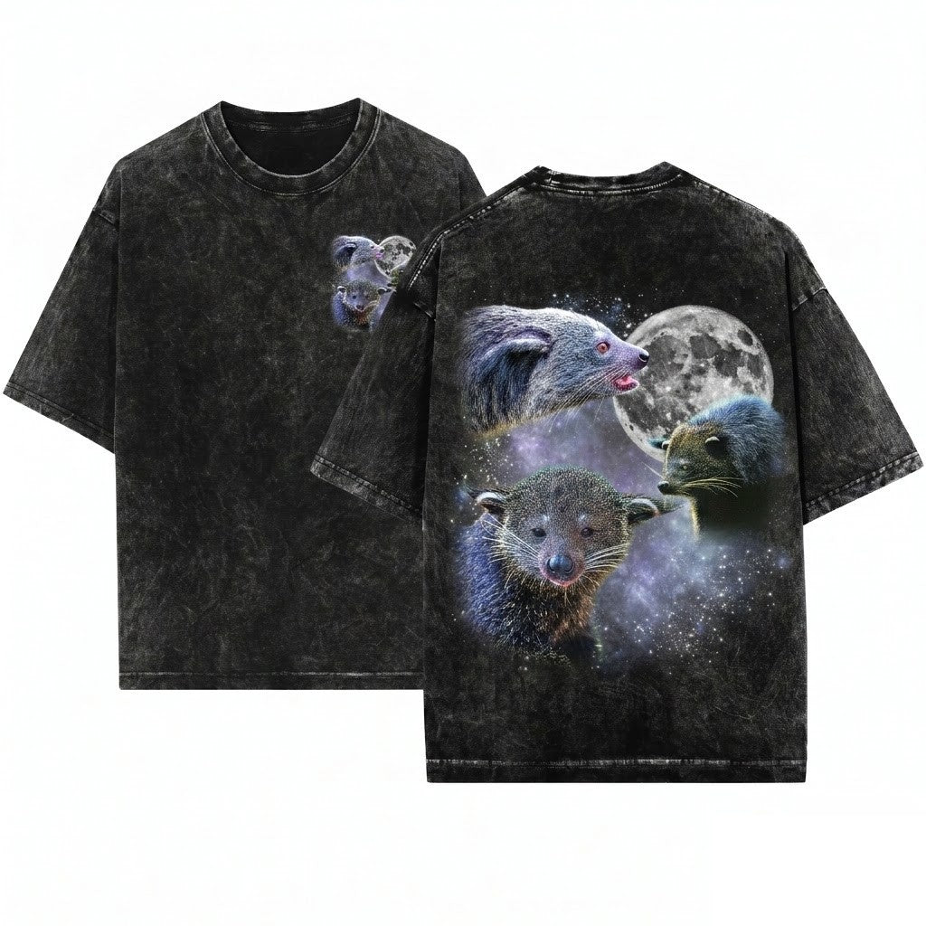 Three Binturong Vintage Moon Bearcat Oversized Jungle Animal Wildlife Graphic Gift Unisex Wash T-Shirt