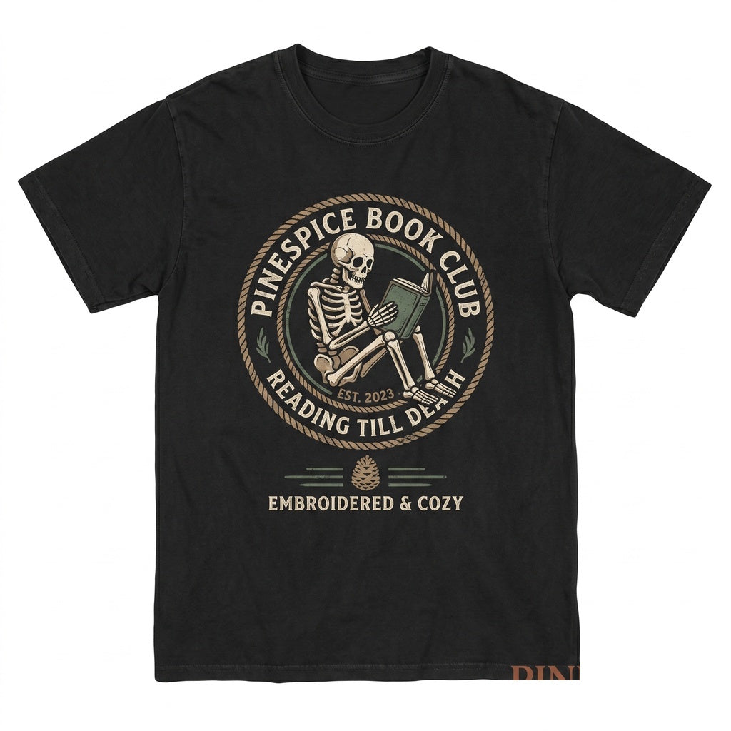 Embroidered Skeleton Reading Book Coffee Spooky Fall Vibes Boo Basket Lover Unisex TShirt