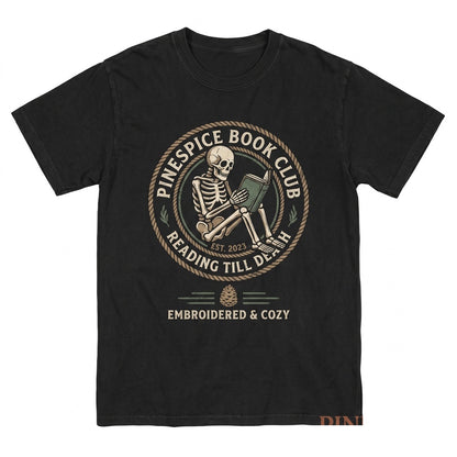 Embroidered Skeleton Reading Book Coffee Spooky Fall Vibes Boo Basket Lover Unisex TShirt