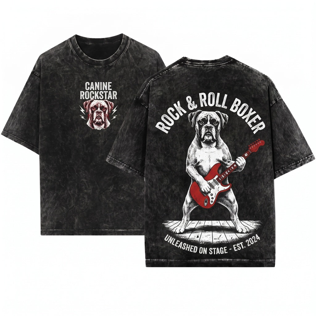 Boxer Dog Guitar Rock Music Lover Funny Mom Dad Gift Unisex Wash T-Shirt