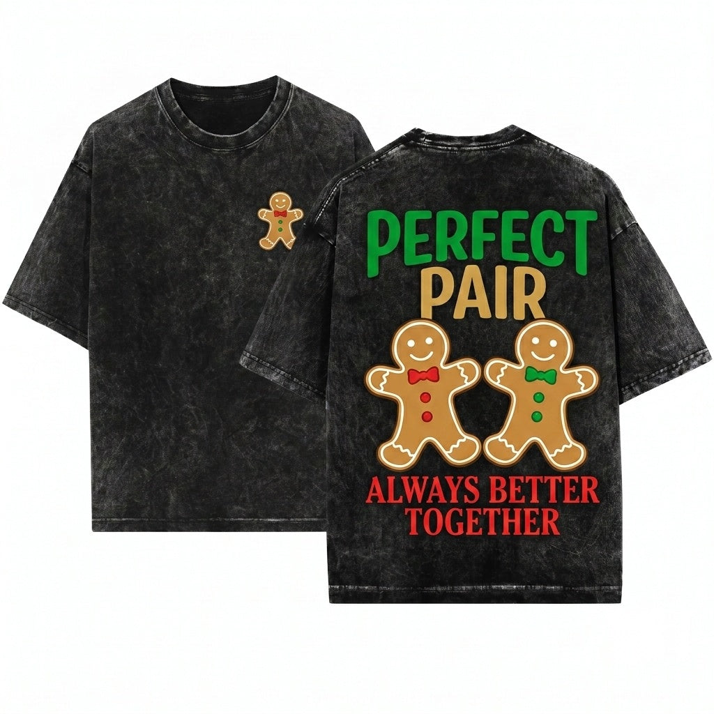 Cute Gingerbread Couple Cookies and Milk Matching Christmas Pajama Holiday Unisex Wash T-Shirt