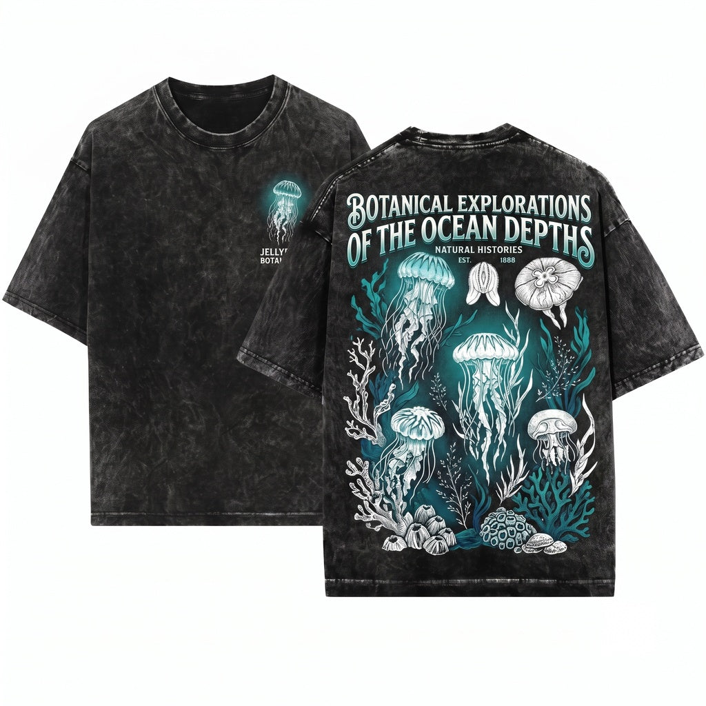 Retro Jellyfish Ocean Graphic Marine Life Sea Creature Minimal Underwater Nature Aesthetic Top Gift Unisex Wash T-Shirt