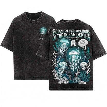 Retro Jellyfish Ocean Graphic Marine Life Sea Creature Minimal Underwater Nature Aesthetic Top Gift Unisex Wash T-Shirt
