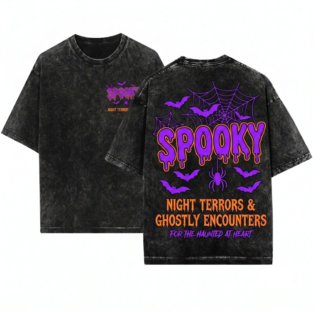 Spooky Halloween Embroidered Gothic Bat Spider Black Fall Cozy Witchy Gift Unisex Wash T-Shirt