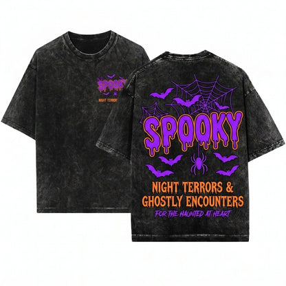 Spooky Halloween Embroidered Gothic Bat Spider Black Fall Cozy Witchy Gift Unisex Wash T-Shirt