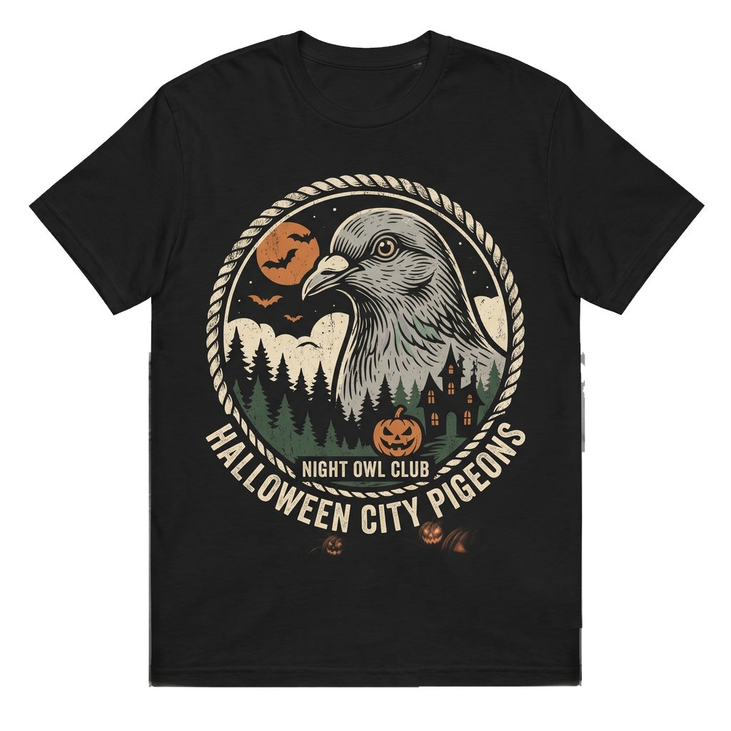 Spooky Halloween Pigeon Howling at Full Moon Jack-o-Lantern Vintage Bird Lover Gift Unisex TShirt