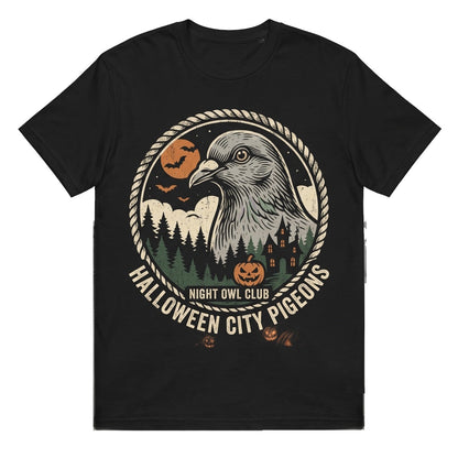 Spooky Halloween Pigeon Howling at Full Moon Jack-o-Lantern Vintage Bird Lover Gift Unisex TShirt