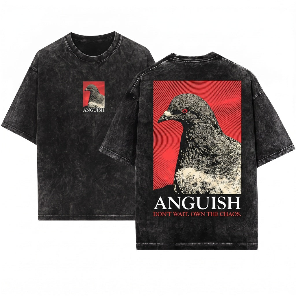 Vintage Oversized Graphic T-Shirt - Acid Wash Pigeon Graphic Heavyweight Cotton Tee Streetwear