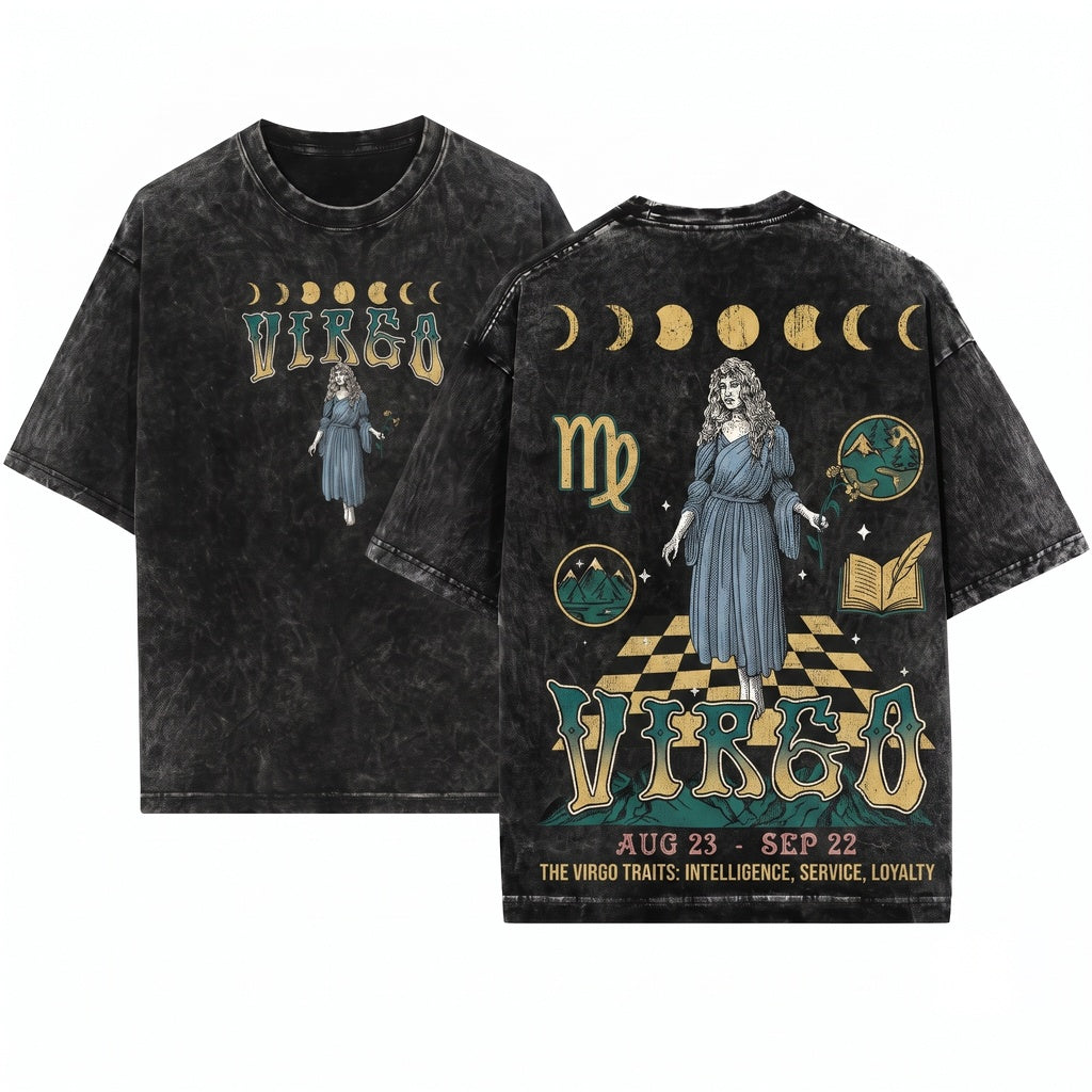 Virgo Vintage Celestial Zodiac Astrology Graphic Birthday Gift Unisex Wash T-Shirt