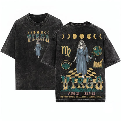 Virgo Vintage Celestial Zodiac Astrology Graphic Birthday Gift Unisex Wash T-Shirt
