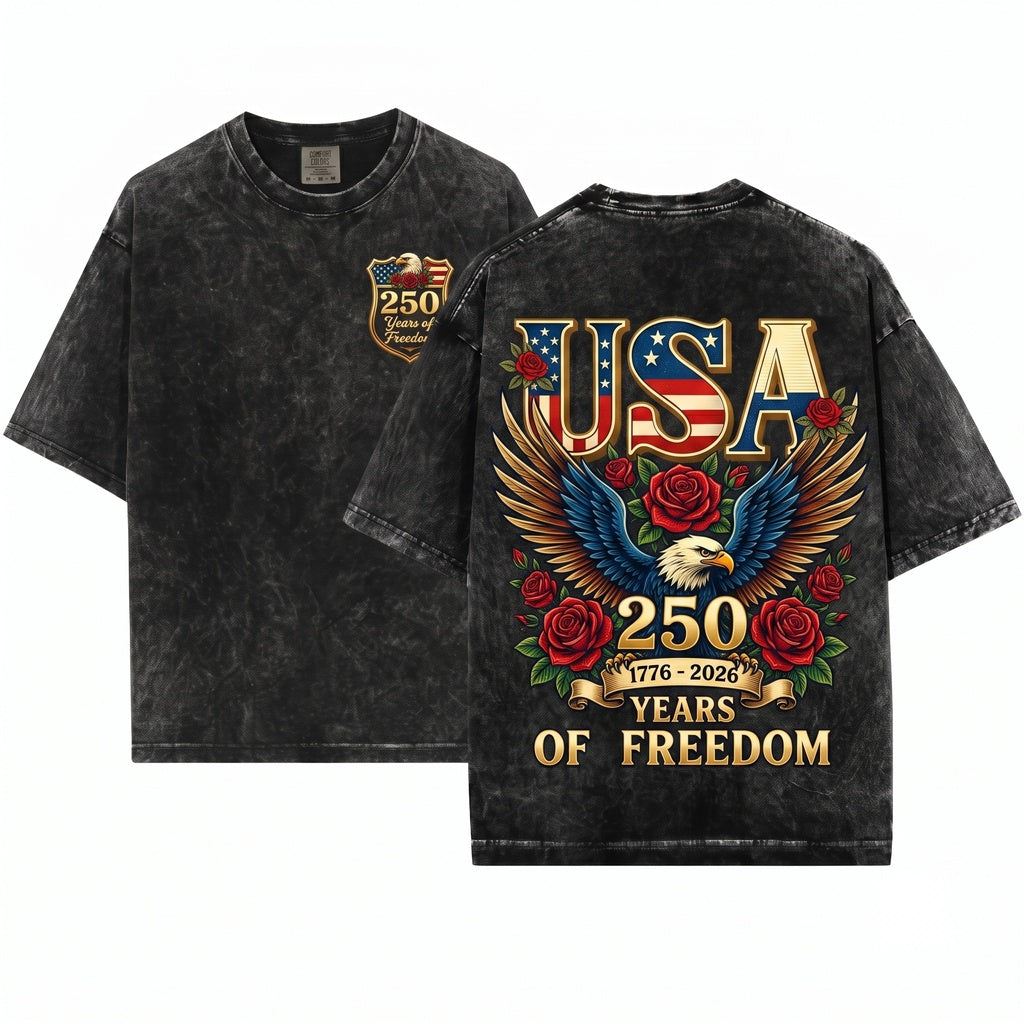 Retro USA 250 Years Of Freedom Patriotic Graphic Unisex Wash T-Shirt
