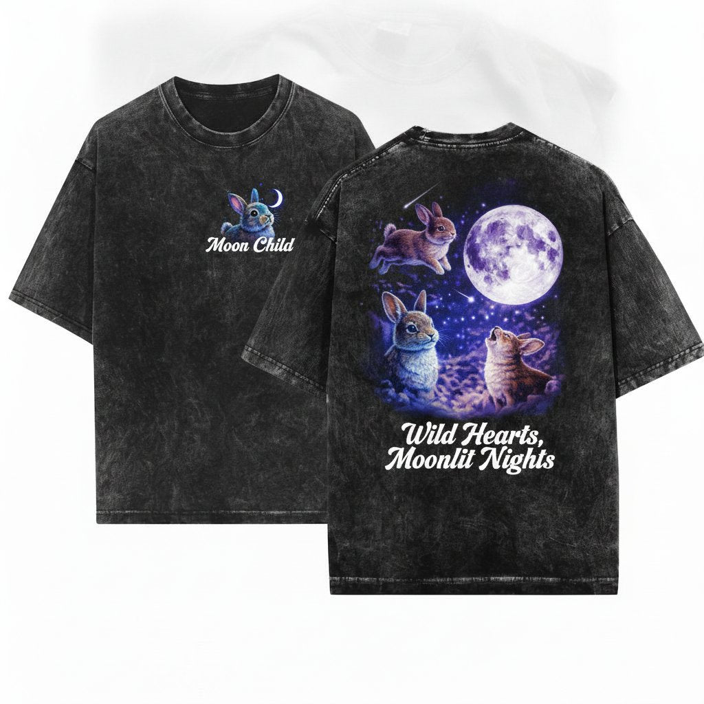 Space Bunnies Vintage Silly Rabbit Cute Gift 90s Full Moon Howling Animal Graphic Unisex Wash T-Shirt