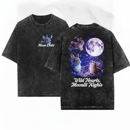Space Bunnies Vintage Silly Rabbit Cute Gift 90s Full Moon Howling Animal Graphic Unisex Wash T-Shirt