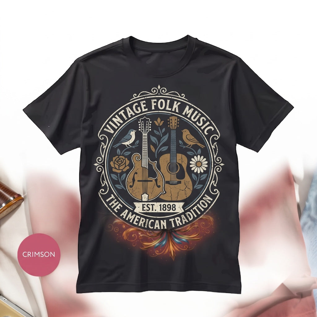 Vintage Floral Mandolin Folk Art Bluegrass Music Instrument Nature Lover Boho Bird Graphic Gift Unisex TShirt