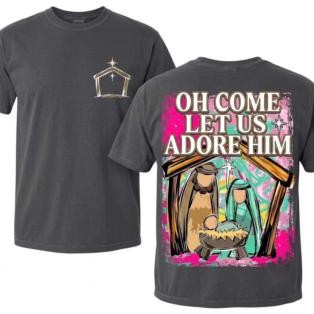 Colorful Distressed Oh Come Let Us Adore Him Jesus Nativity Scene Christian Christmas Unisex Wash T-Shirt