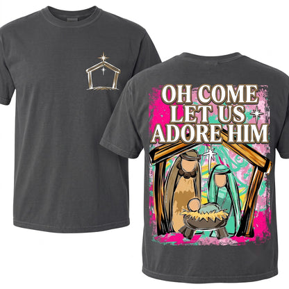 Colorful Distressed Oh Come Let Us Adore Him Jesus Nativity Scene Christian Christmas Unisex Wash T-Shirt