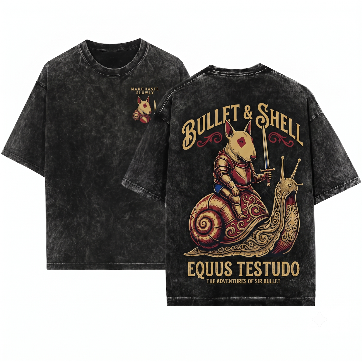 Retro Bull Terrier Knight Riding Snail Shirt Funny Meme Dark Art Grimdark Gift Unisex Heavyweight Garment-Dyed T-Shirt