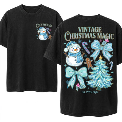 Blue Brushstroke Snowman Cozy Winter Coquette Preppy Christmas Tree Freezin Season PNG Graphic Print Unisex Wash T-Shirt