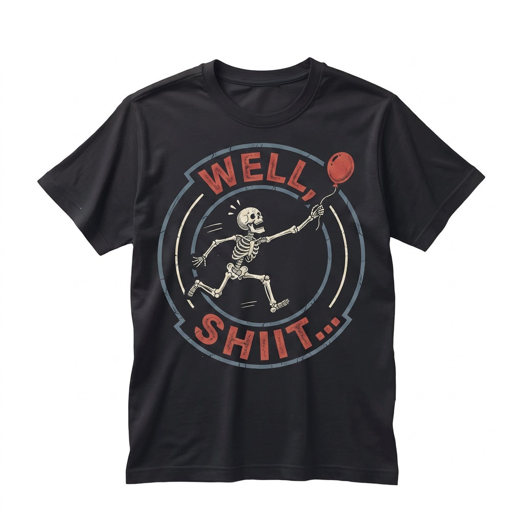 Well Shit Skeleton Lost Balloon Dark Humor Gothic Sarcastic Halloween Funny Quote Graphic Apparel Unisex TShirt