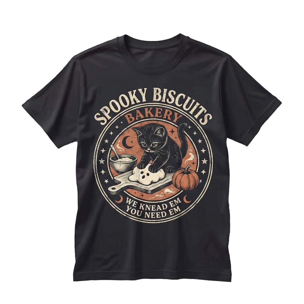 Vintage Kitty Biscuits Baking Spooky Season Black Cat Lover Halloween Pumpkin Fall Unisex TShirt
