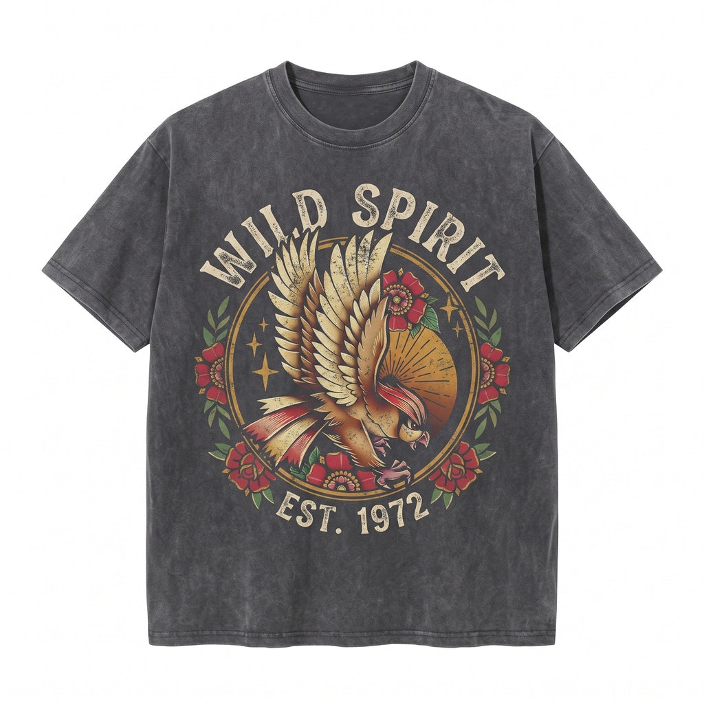 Vintage Acid Wash Flying Bird Anime Graphic Oversized Streetwear Gift Unisex TShirt