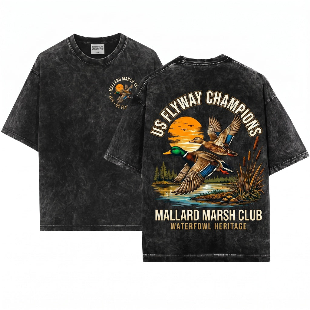 Retro Flying Mallard Duck Classic Waterfowl Hunting Graphic Vintage Wetland Wildlife Nature Gift Unisex Wash T-Shirt