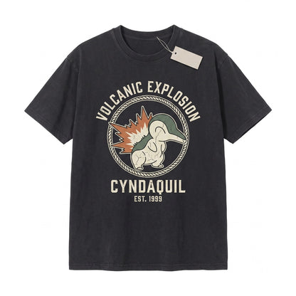 Cyndaquil Vintage Washed Fire Monster Graphic Retro Japanese Oversized Streetwear Gamer Gift Unisex TShirt