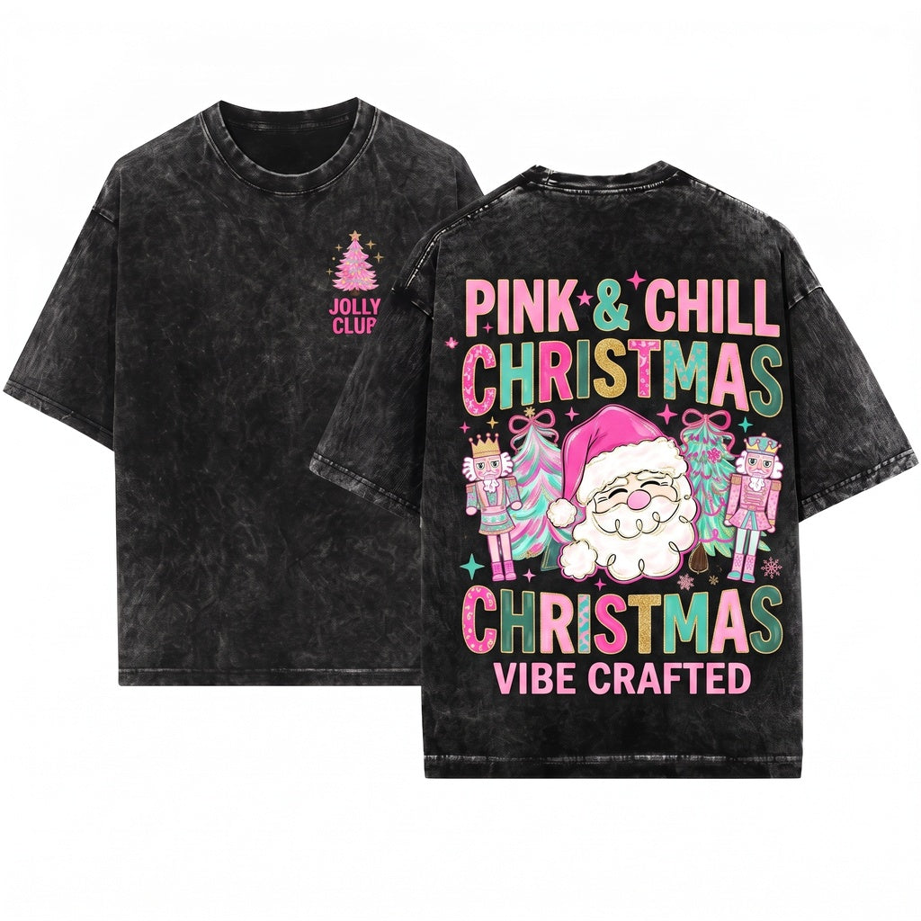 Brushstroke Pink Christmas Floral Tree Santa Merry Bright Varsity Nutcracker Joy Unisex Wash T-Shirt