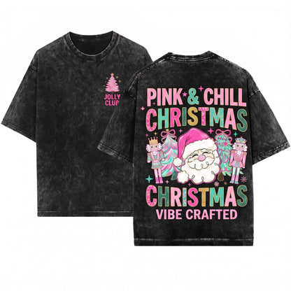 Brushstroke Pink Christmas Floral Tree Santa Merry Bright Varsity Nutcracker Joy Unisex Wash T-Shirt